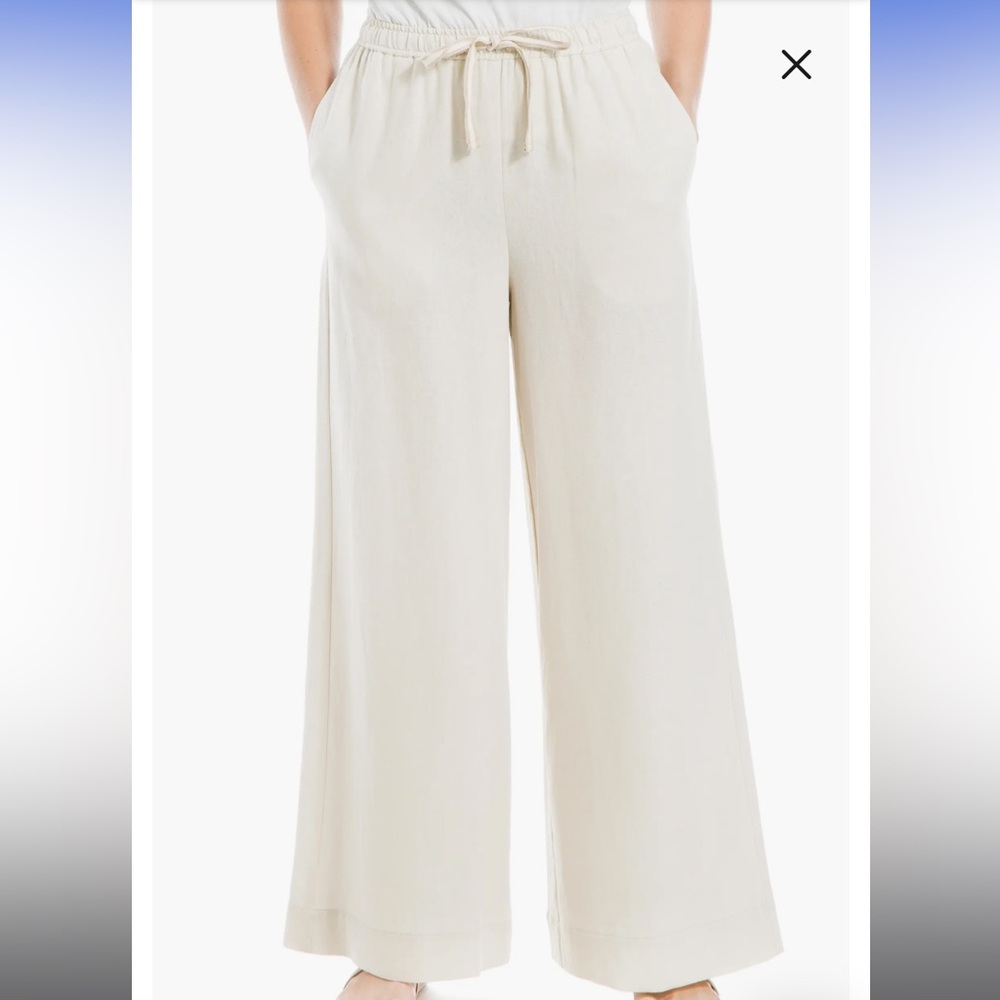 Max Studio Natural Linen Blend Elastic Waistband Wide Flowy Pants Trousers